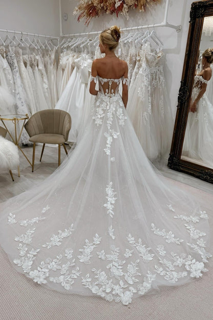 White Wedding Dress A Line Lace Off The Shoulder Sleeveless Cathedral Train Tulle Bridal Gown With Appliques