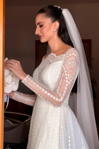 White Wedding Dress A Line Sleeves Beaded Lace Capel Train Bridal Gown