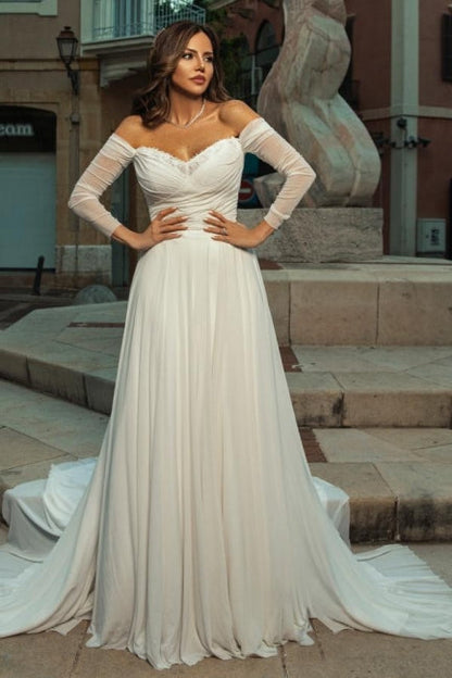 White Wedding Dress A Line Off The Shoulder Sleeves Ruffles Bridal Gown