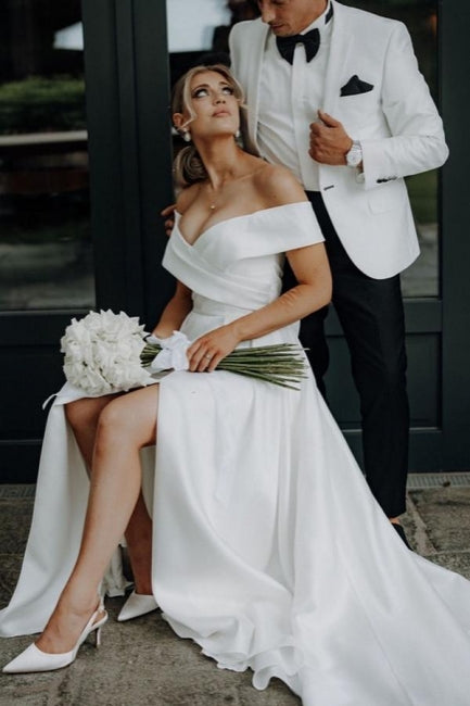 White Wedding Dress A Line Off The Shoulder Split Front Lace Up Bridal Gown Panel Train