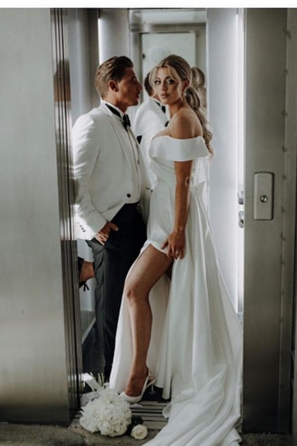 White Wedding Dress A Line Off The Shoulder Split Front Lace Up Bridal Gown Panel Train