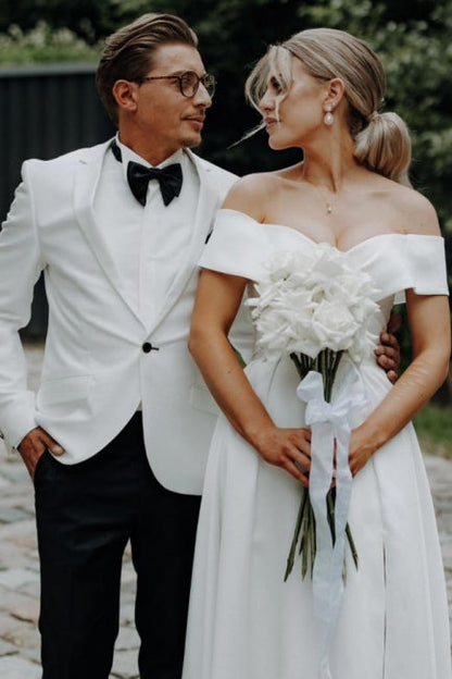 White Wedding Dress A Line Off The Shoulder Split Front Lace Up Bridal Gown Panel Train