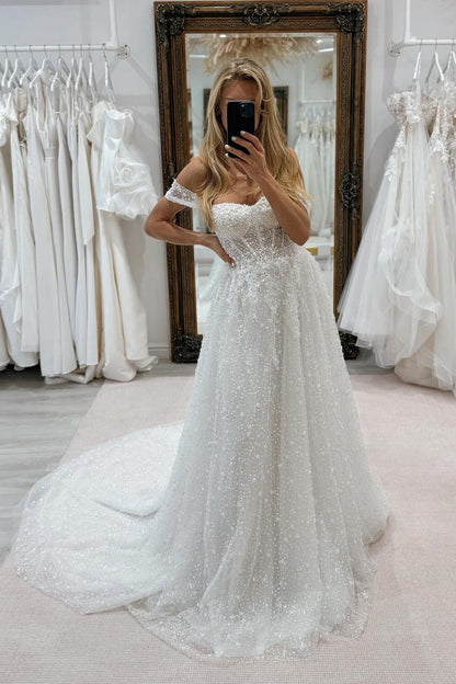 White Wedding Dress A Line Strapless Off The Shoulder Sleeveless Beaded Tulle Bridal Gown With Pearls