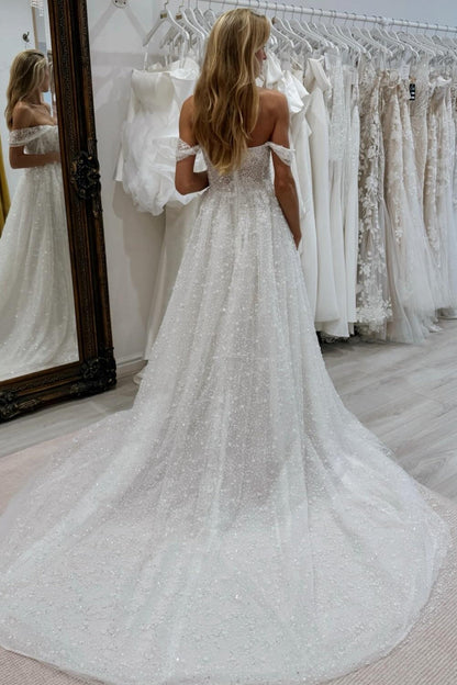 White Wedding Dress A Line Strapless Off The Shoulder Sleeveless Beaded Tulle Bridal Gown With Pearls