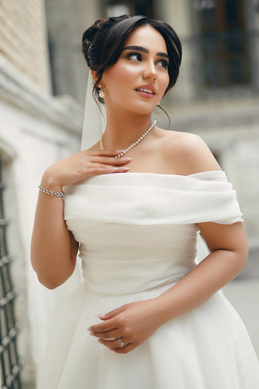 White Wedding Dress A Line Strapless Off The Shoulder Sleeveless Chiffon Bridal Gown With Ruffles