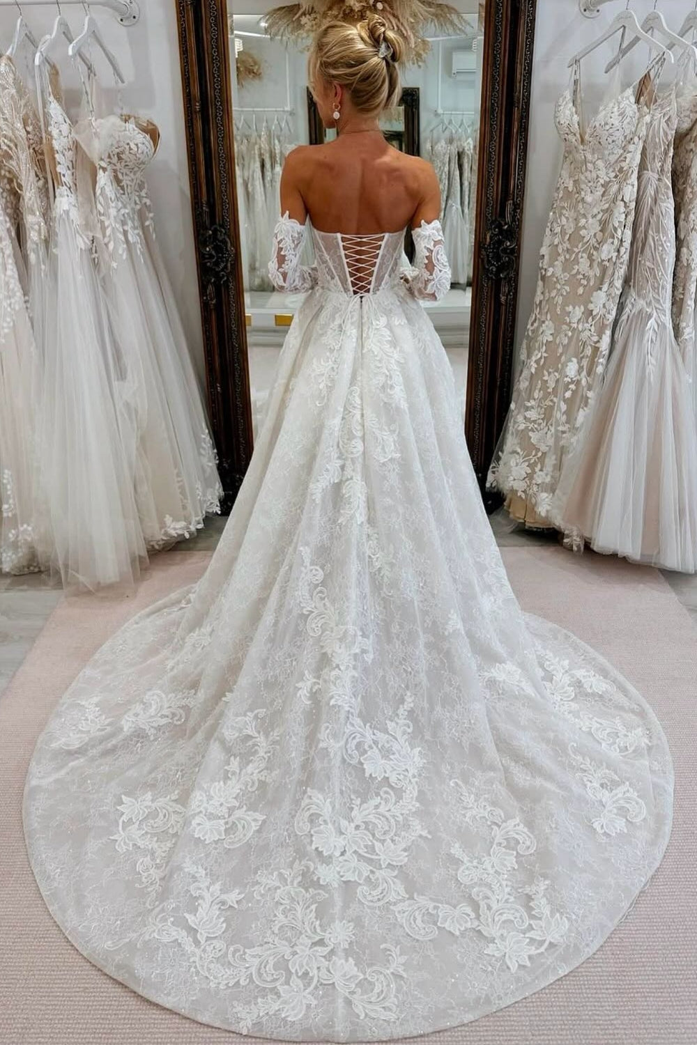 White Wedding Dress A Line Strapless Sleeveless Cathedral Train Lace Bridal Gown With Appliques