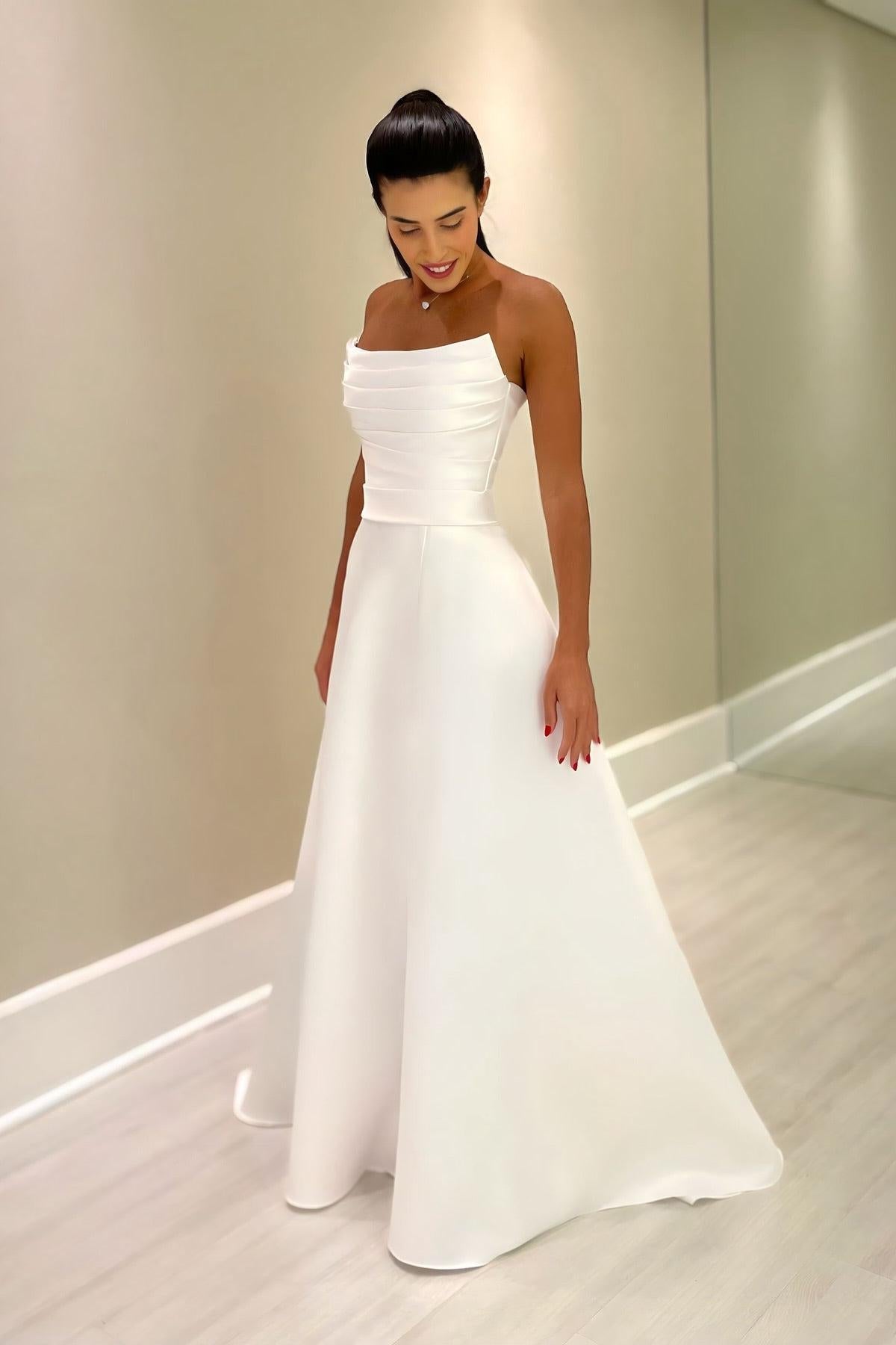 White Wedding Dress A Line Strapless Sleeveless Floor Length Satin Bridal Gown With Ruffles