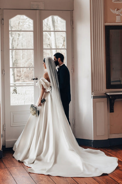 White Wedding Dress A Line Strapless Sleeveless Sweep Train Satin Bridal Gown