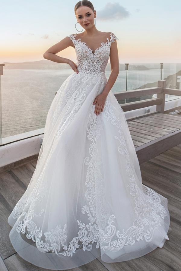 White Wedding Dress A Line V Neck Off The Shoulder Sleeveless Lace Tulle Bridal Gown With Appliques