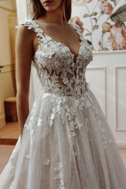White Wedding Dress A Line V Neck Sleeveless Backless Lace Cathedral Train Bridal Gown With Appliques