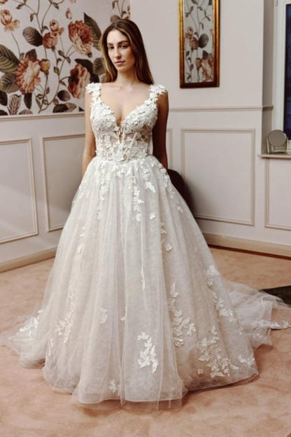 White Wedding Dress A Line V Neck Sleeveless Backless Lace Cathedral Train Bridal Gown With Appliques
