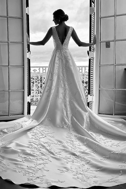 White Wedding Dress A Line V Neck Sleeveless Cathedral Train Satin Bridal Gown With Appliques