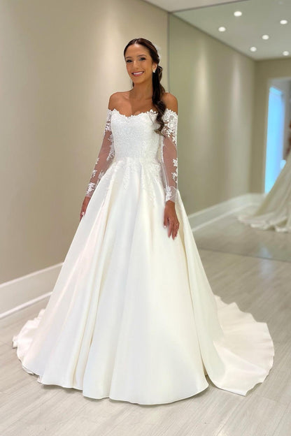 White Wedding Dress Ball Gown Off The Shoulder Lace Sleeves Chapel Train Satin Bridal Gown