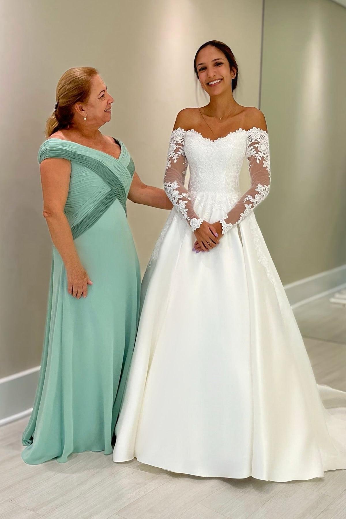 White Wedding Dress Ball Gown Off The Shoulder Lace Sleeves Chapel Train Satin Bridal Gown