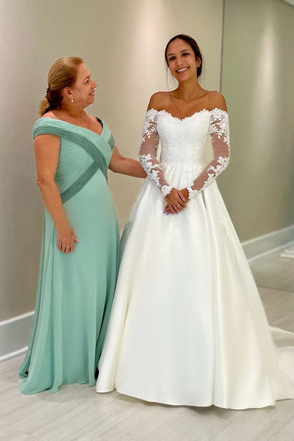 White Wedding Dress Ball Gown Off The Shoulder Lace Sleeves Chapel Train Satin Bridal Gown