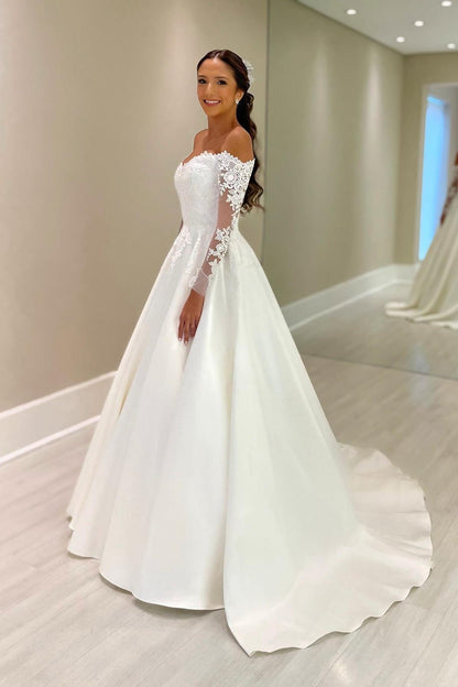 White Wedding Dress Ball Gown Off The Shoulder Lace Sleeves Chapel Train Satin Bridal Gown