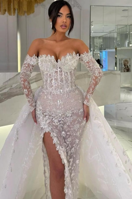 White Wedding Dress Column Sweetheart Off The Shoulder Sleeves Panel Train Lace Bridal Gown With Slit
