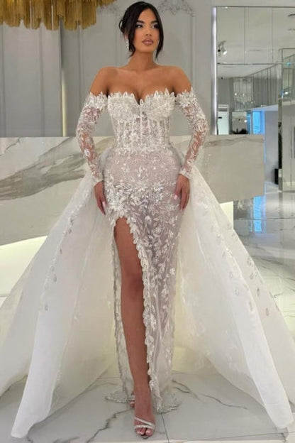 White Wedding Dress Column Sweetheart Off The Shoulder Sleeves Panel Train Lace Bridal Gown With Slit
