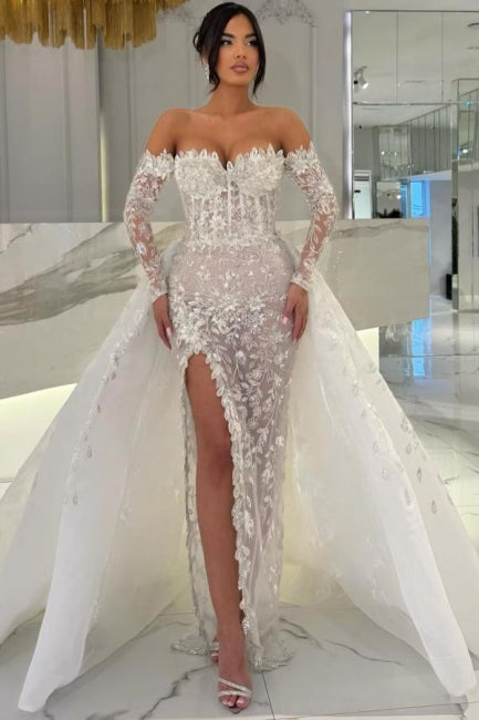 White Wedding Dress Column Sweetheart Off The Shoulder Sleeves Panel Train Lace Bridal Gown With Slit