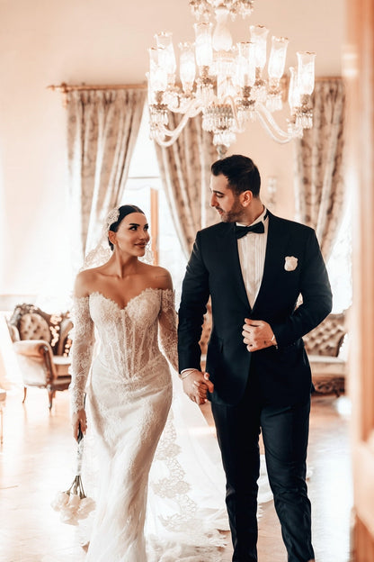 White Wedding Dress Lace Mermaid Sweetheart Off The Shoulder Beaded Sleeves Sweep Train Bridal Gown