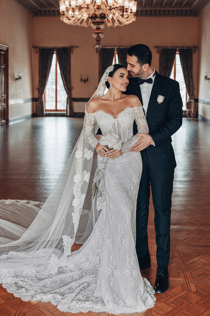 White Wedding Dress Lace Mermaid Sweetheart Off The Shoulder Beaded Sleeves Sweep Train Bridal Gown