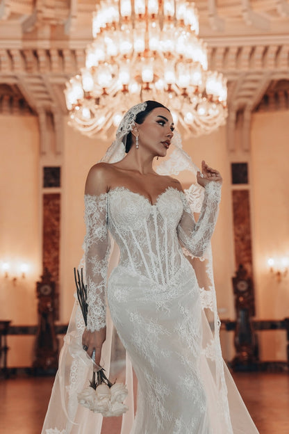 White Wedding Dress Lace Mermaid Sweetheart Off The Shoulder Beaded Sleeves Sweep Train Bridal Gown