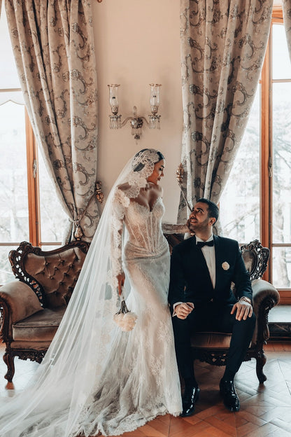 White Wedding Dress Lace Mermaid Sweetheart Off The Shoulder Beaded Sleeves Sweep Train Bridal Gown