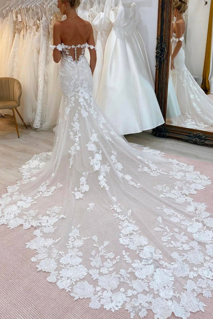 White Wedding Dress Lace Mermaid V Neck Spaghetti Strap Sequined Cathedral Train Tulle Bridal Gown With Appliques
