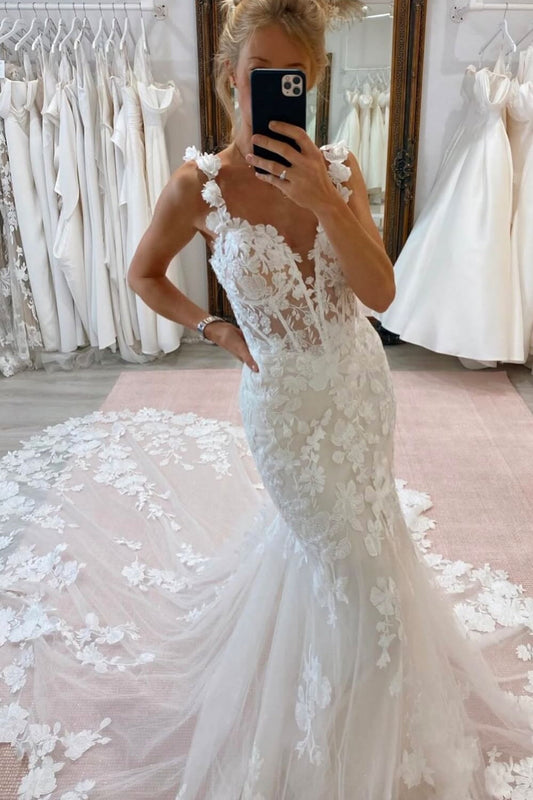 White Wedding Dress Lace Mermaid V Neck Spaghetti Strap Sequined Cathedral Train Tulle Bridal Gown With Appliques