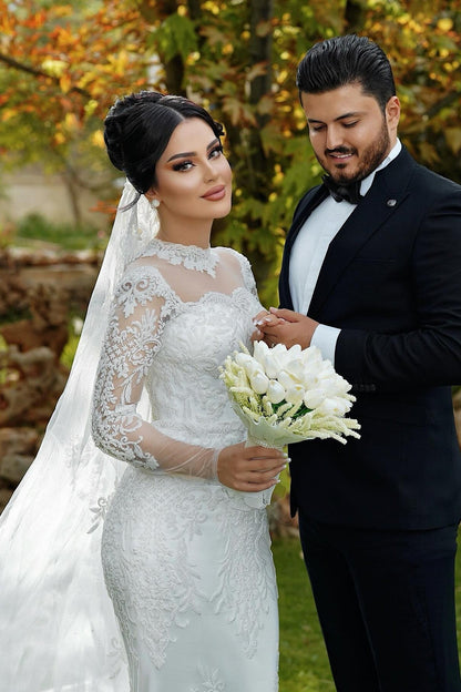 White Wedding Dress Mermaid High Neck Lace Sleeves Sequined Tulle Bridal Gown With Appliques