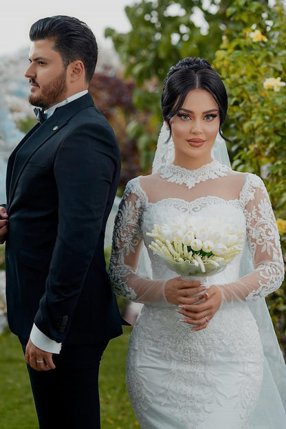 White Wedding Dress Mermaid High Neck Lace Sleeves Sequined Tulle Bridal Gown With Appliques