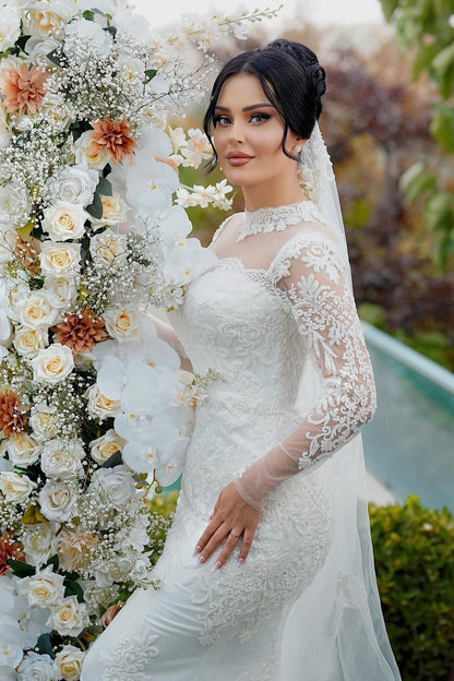 White Wedding Dress Mermaid High Neck Lace Sleeves Sequined Tulle Bridal Gown With Appliques