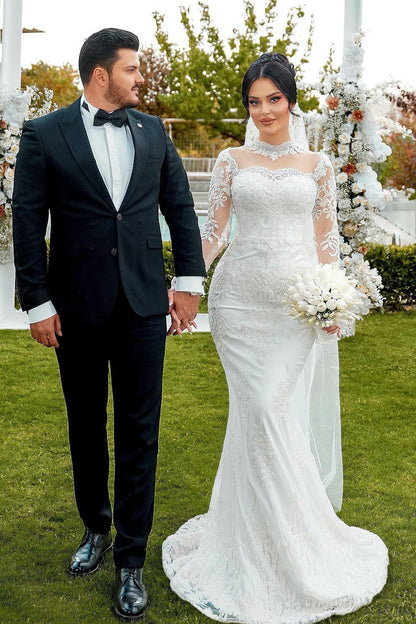 White Wedding Dress Mermaid High Neck Lace Sleeves Sequined Tulle Bridal Gown With Appliques