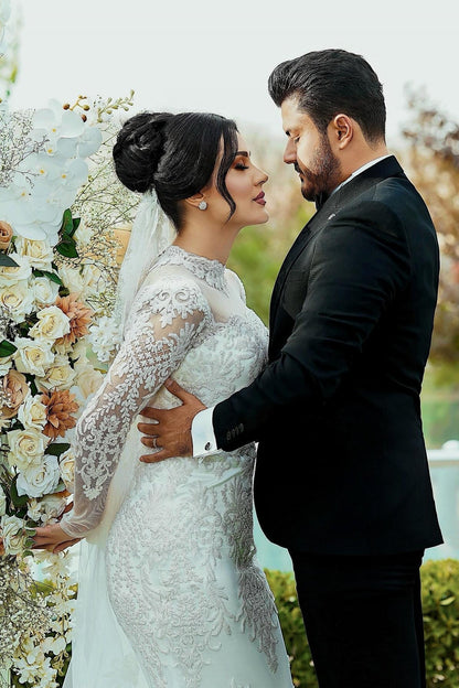 White Wedding Dress Mermaid High Neck Lace Sleeves Sequined Tulle Bridal Gown With Appliques