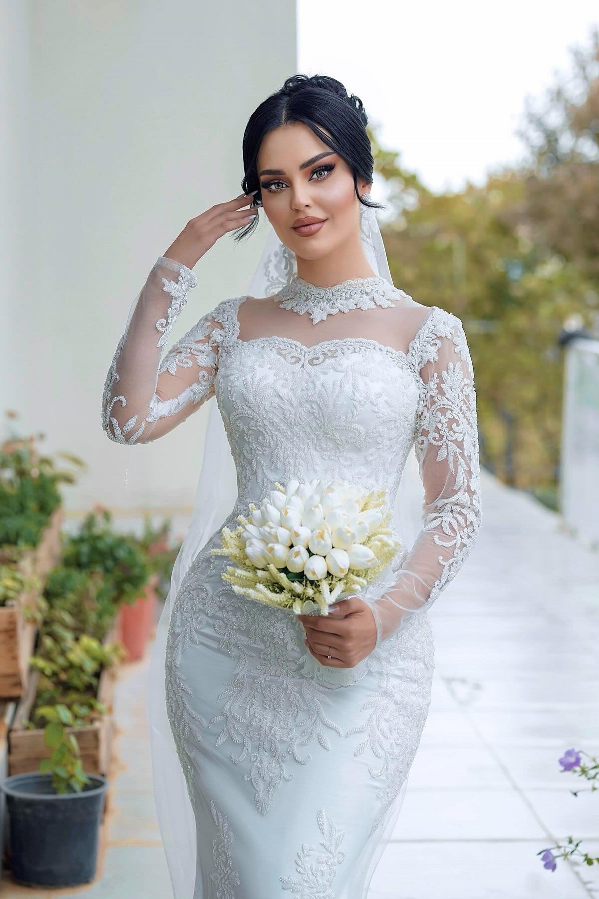 White Wedding Dress Mermaid High Neck Lace Sleeves Sequined Tulle Bridal Gown With Appliques