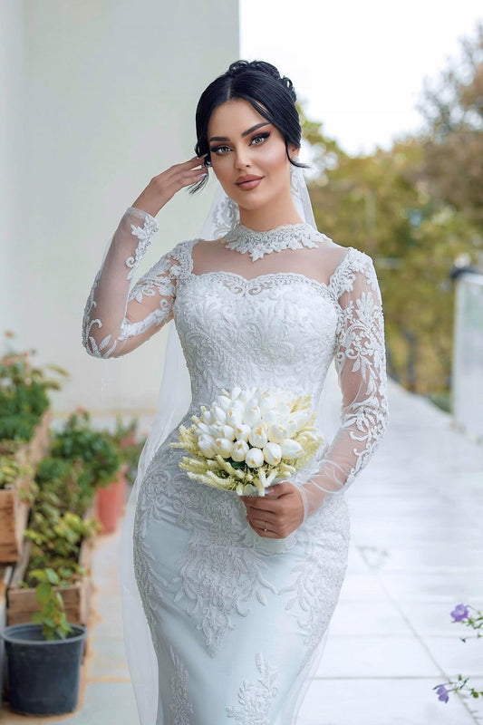 White Wedding Dress Mermaid High Neck Lace Sleeves Sequined Tulle Bridal Gown With Appliques