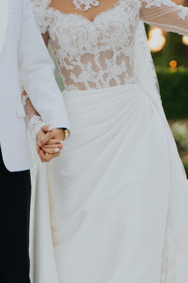 White Wedding Dress Mermaid High Neck Lace Satin Ruffle Detachable Panel Train Bridal Gown With Appliques