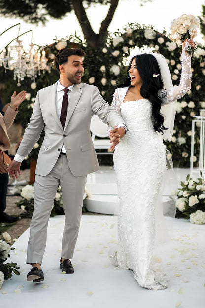 White Wedding Dress Mermaid Lace Square Sleeves Beaded Bridal Gown With Pearls