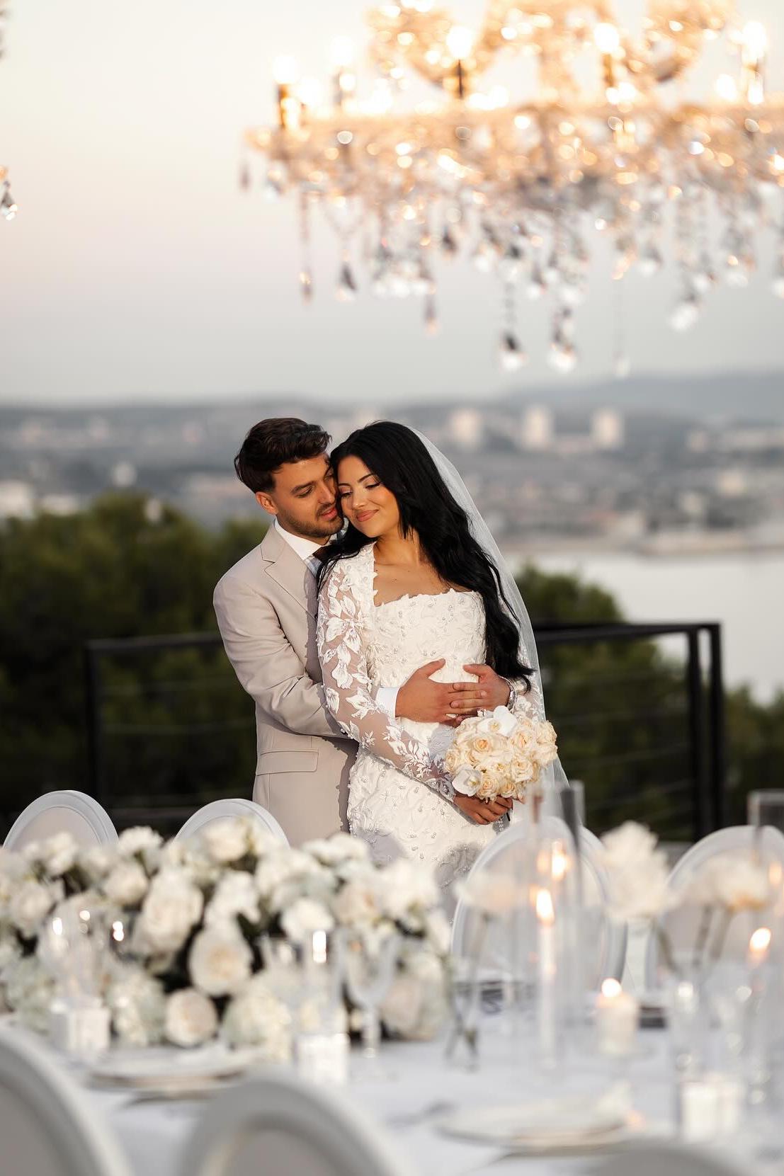 White Wedding Dress Mermaid Lace Square Sleeves Beaded Bridal Gown With Pearls