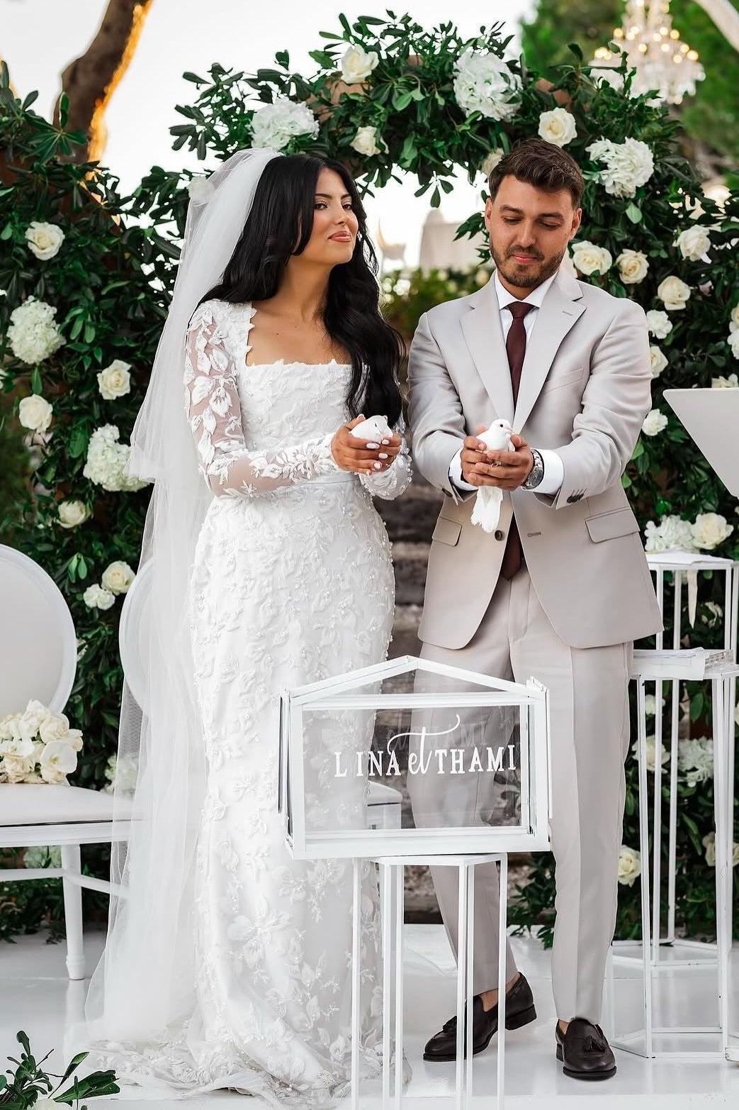 White Wedding Dress Mermaid Lace Square Sleeves Beaded Bridal Gown With Pearls