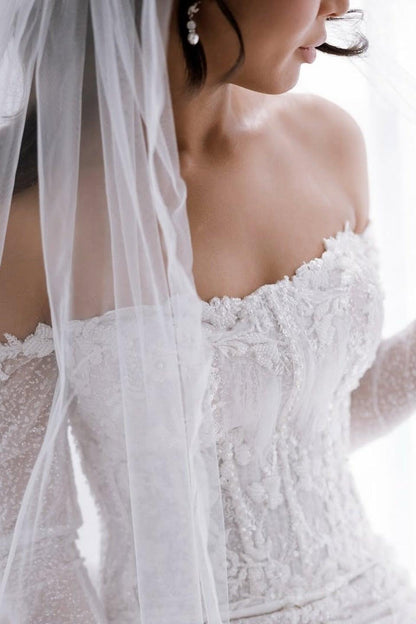 White Wedding Dress Mermaid Strapless Off The Shoulder Beaded Lace Sleeves Cathedral Train Tulle Bridal Gown