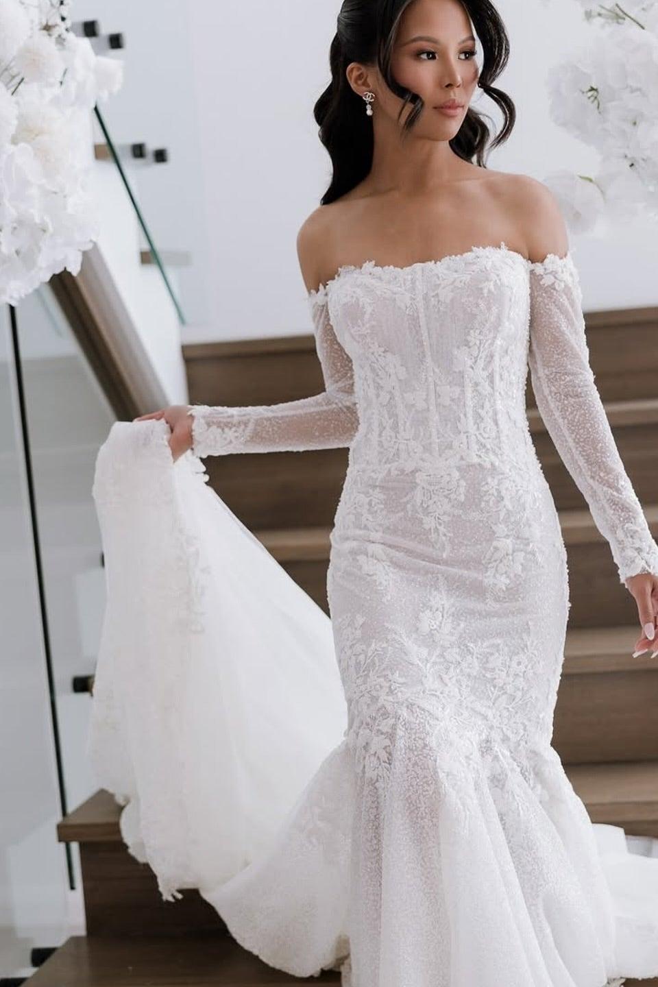 White Wedding Dress Mermaid Strapless Off The Shoulder Beaded Lace Sleeves Cathedral Train Tulle Bridal Gown