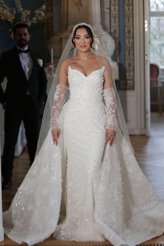 White Wedding Dress Mermaid Strapless Sleeveless Lace Bridal Gown With Detachable Panel Train