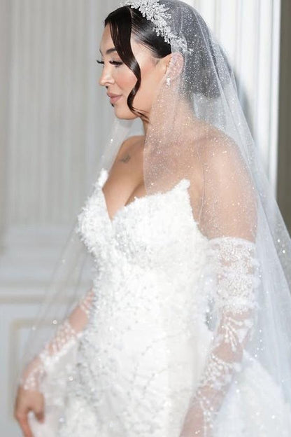 White Wedding Dress Mermaid Strapless Sleeveless Lace Bridal Gown With Detachable Panel Train