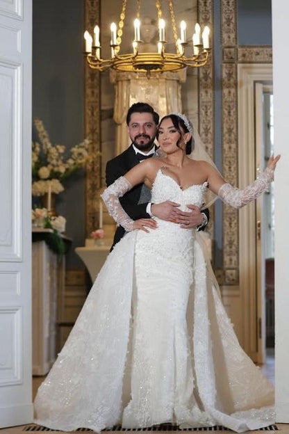 White Wedding Dress Mermaid Strapless Sleeveless Lace Bridal Gown With Detachable Panel Train