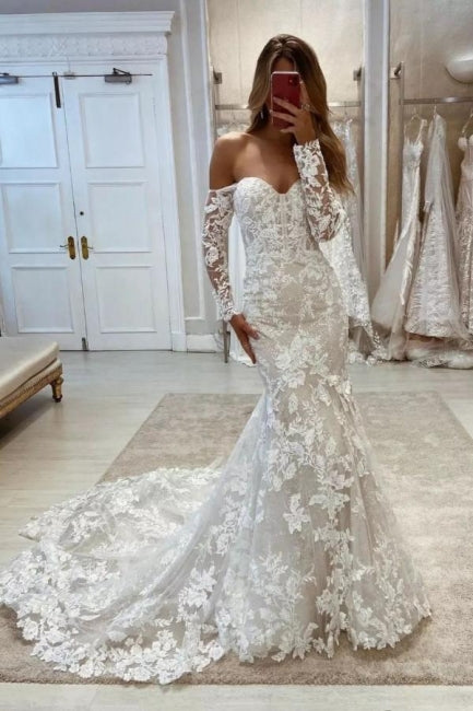 White Wedding Dress Mermaid Sweetheart Off The Shoulder Tulle Bridal Gown With Appliques
