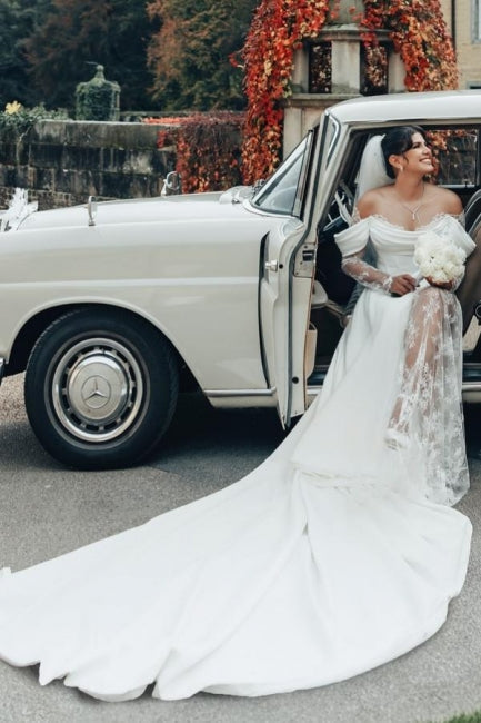 White Wedding Dress Off The Shoulder A Line Illusion Lace Sleeve Sweep Train Satin Bridal Gown With Slit