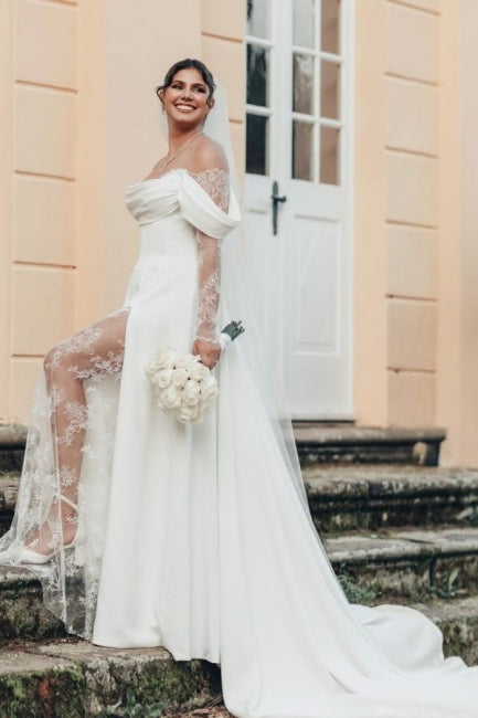 White Wedding Dress Off The Shoulder A Line Illusion Lace Sleeve Sweep Train Satin Bridal Gown With Slit