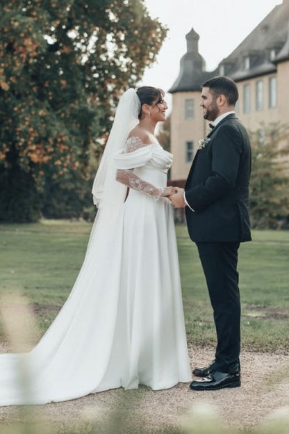 White Wedding Dress Off The Shoulder A Line Illusion Lace Sleeve Sweep Train Satin Bridal Gown With Slit