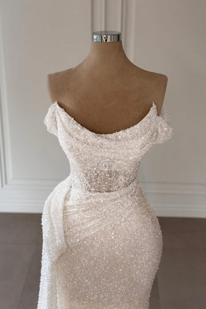 White Wedding Dress Strapless Off The Shoulder Sleeveless Sequined Ruffle Tulle Bridal Gown